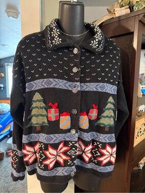 Vintage Northcrest Black Holiday Christmas Cardigan with Green Trees & Red Gifts